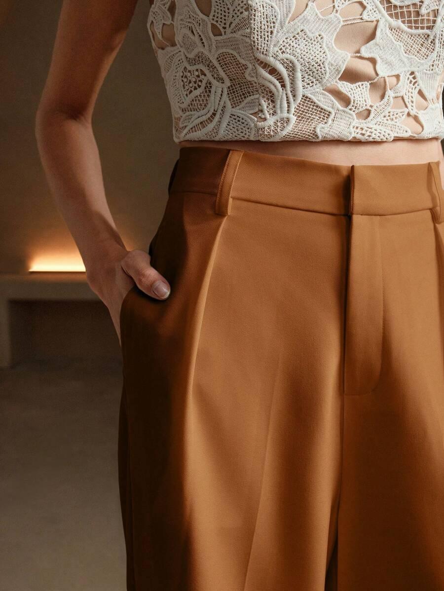 Women's High-Waisted Wide-Leg Pleated Trousers with Zipper Closure