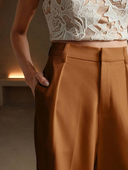 Women's High-Waisted Wide-Leg Pleated Trousers with Zipper Closure