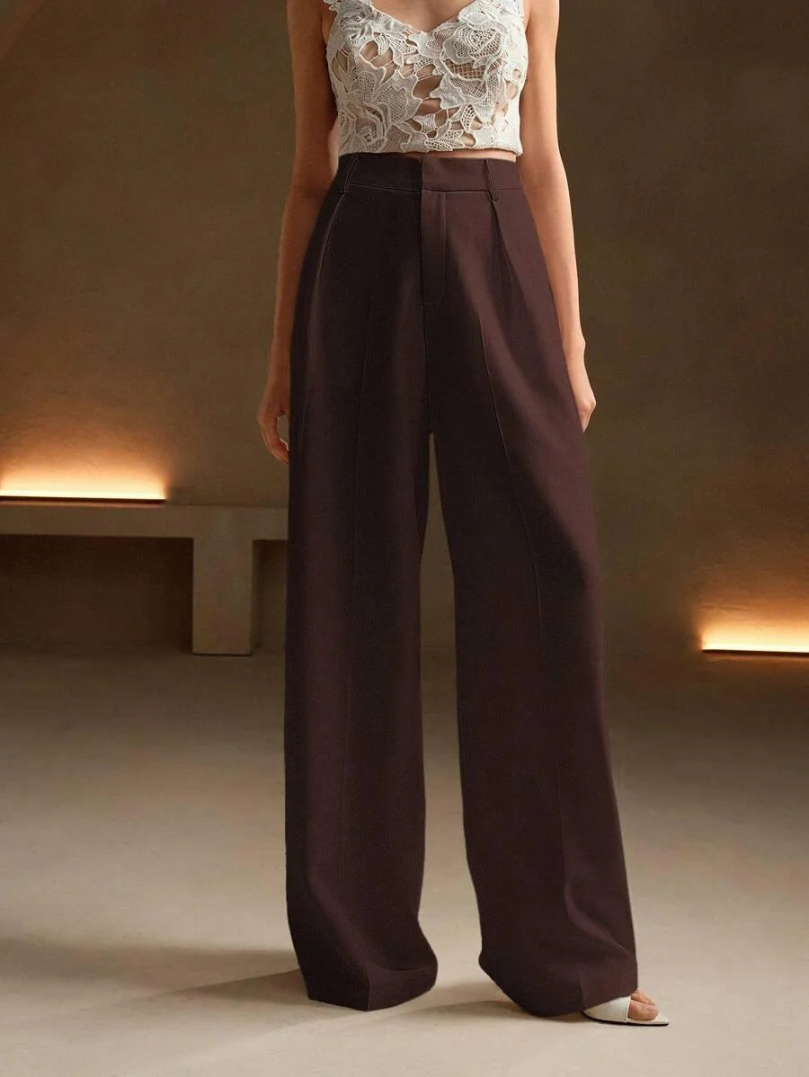 Women's High-Waisted Wide-Leg Pleated Trousers with Zipper Closure