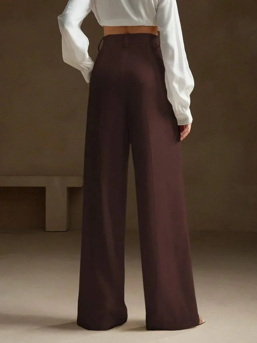 Women's High-Waisted Wide-Leg Pleated Trousers with Zipper Closure