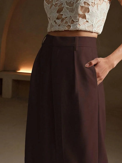 Women's High-Waisted Wide-Leg Pleated Trousers with Zipper Closure