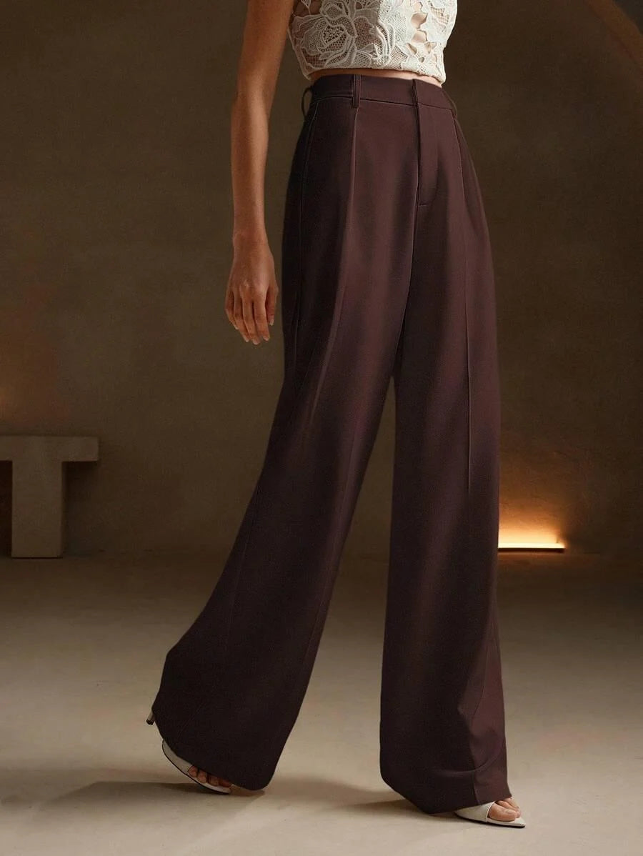 Women's High-Waisted Wide-Leg Pleated Trousers with Zipper Closure