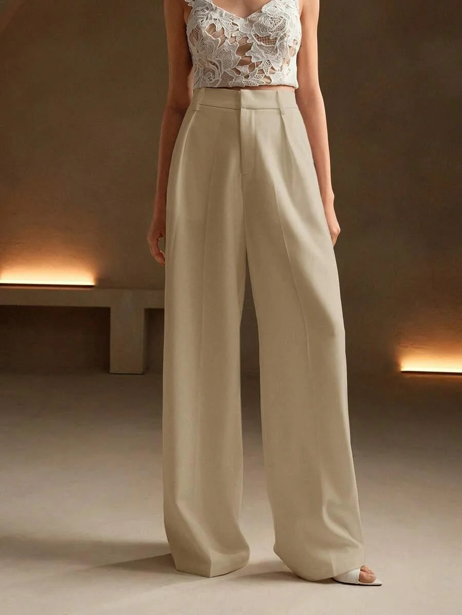 Women's High-Waisted Wide-Leg Pleated Trousers with Zipper Closure