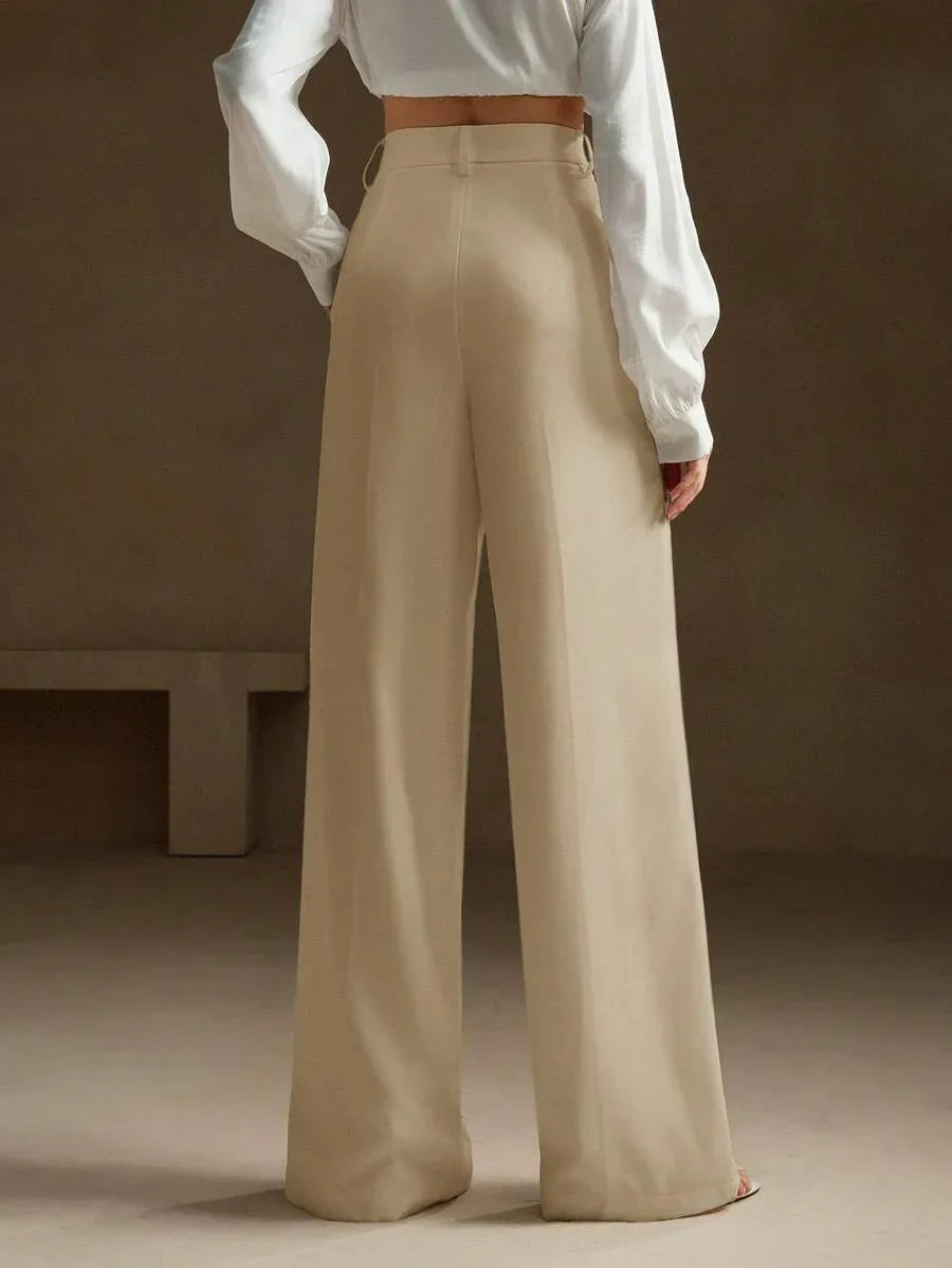 Women's High-Waisted Wide-Leg Pleated Trousers with Zipper Closure