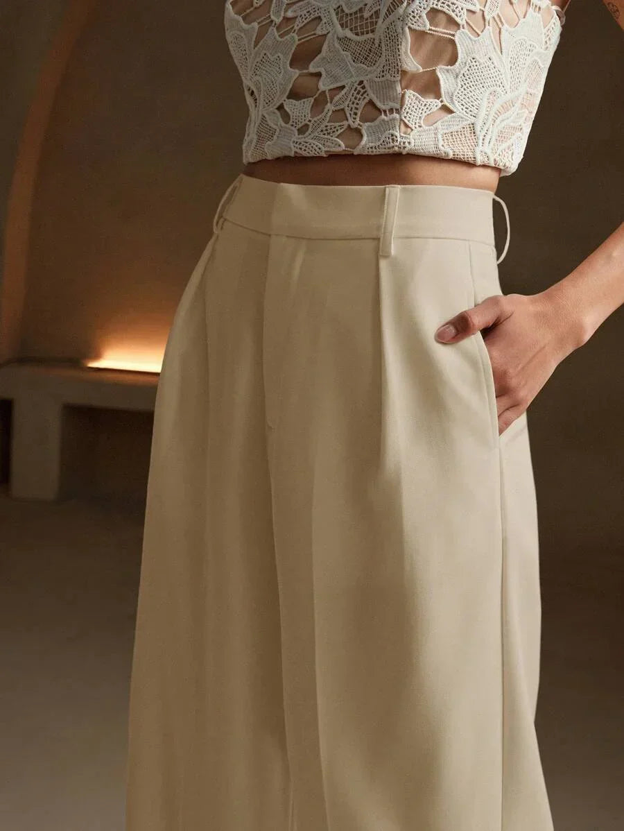Women's High-Waisted Wide-Leg Pleated Trousers with Zipper Closure