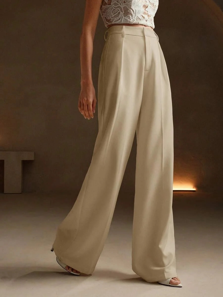Women's High-Waisted Wide-Leg Pleated Trousers with Zipper Closure