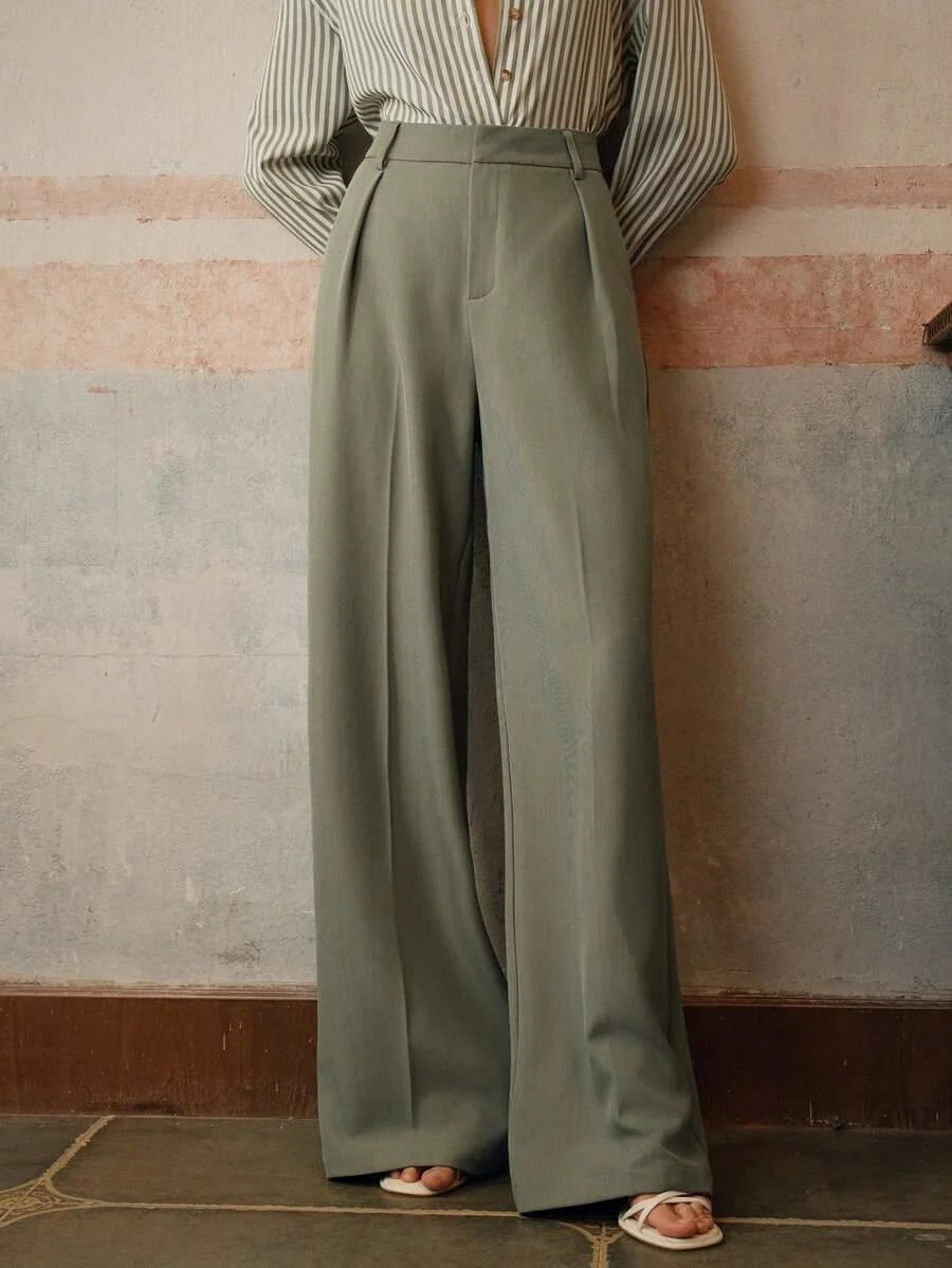 Women's High-Waisted Wide-Leg Pleated Trousers with Zipper Closure