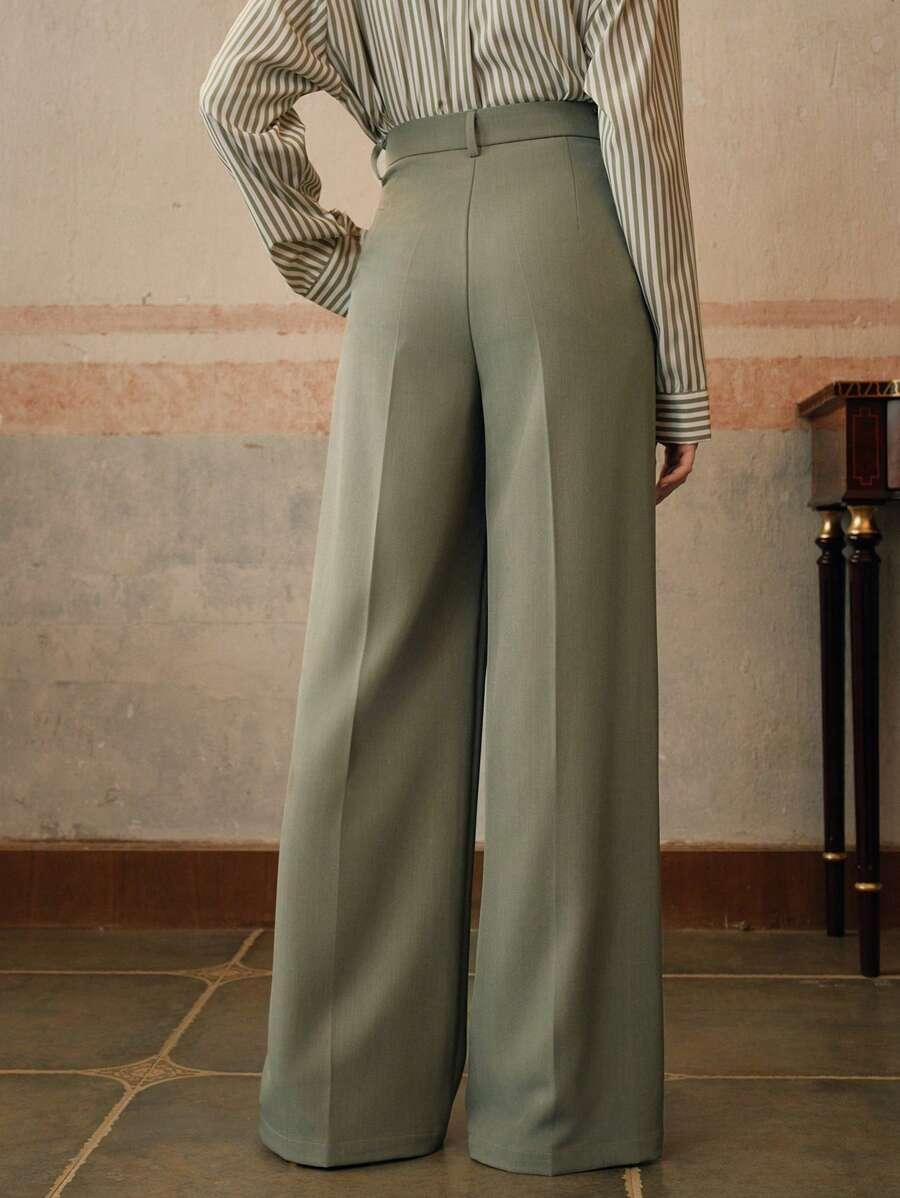 Women's High-Waisted Wide-Leg Pleated Trousers with Zipper Closure