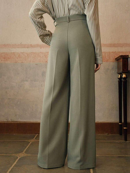Women's High-Waisted Wide-Leg Pleated Trousers with Zipper Closure