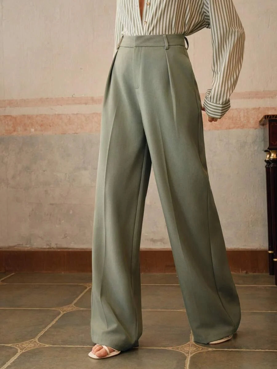 Women's High-Waisted Wide-Leg Pleated Trousers with Zipper Closure
