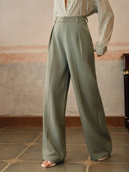 Women's High-Waisted Wide-Leg Pleated Trousers with Zipper Closure