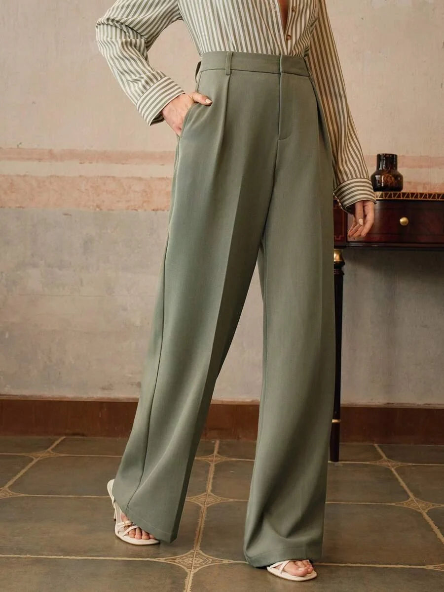 Women's High-Waisted Wide-Leg Pleated Trousers with Zipper Closure