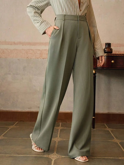 Women's High-Waisted Wide-Leg Pleated Trousers with Zipper Closure