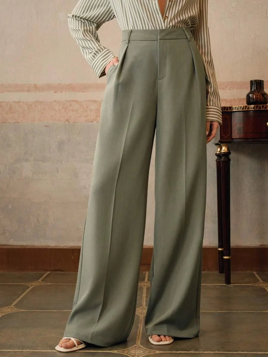 Women's High-Waisted Wide-Leg Pleated Trousers with Zipper Closure