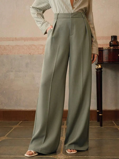 Women's High-Waisted Wide-Leg Pleated Trousers with Zipper Closure