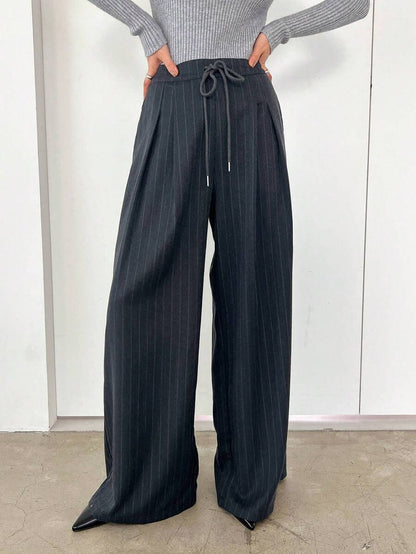 Women's Minimalist Wide Leg Casual Trousers - Solid Color Loose Fit Mid-Waist Pants
