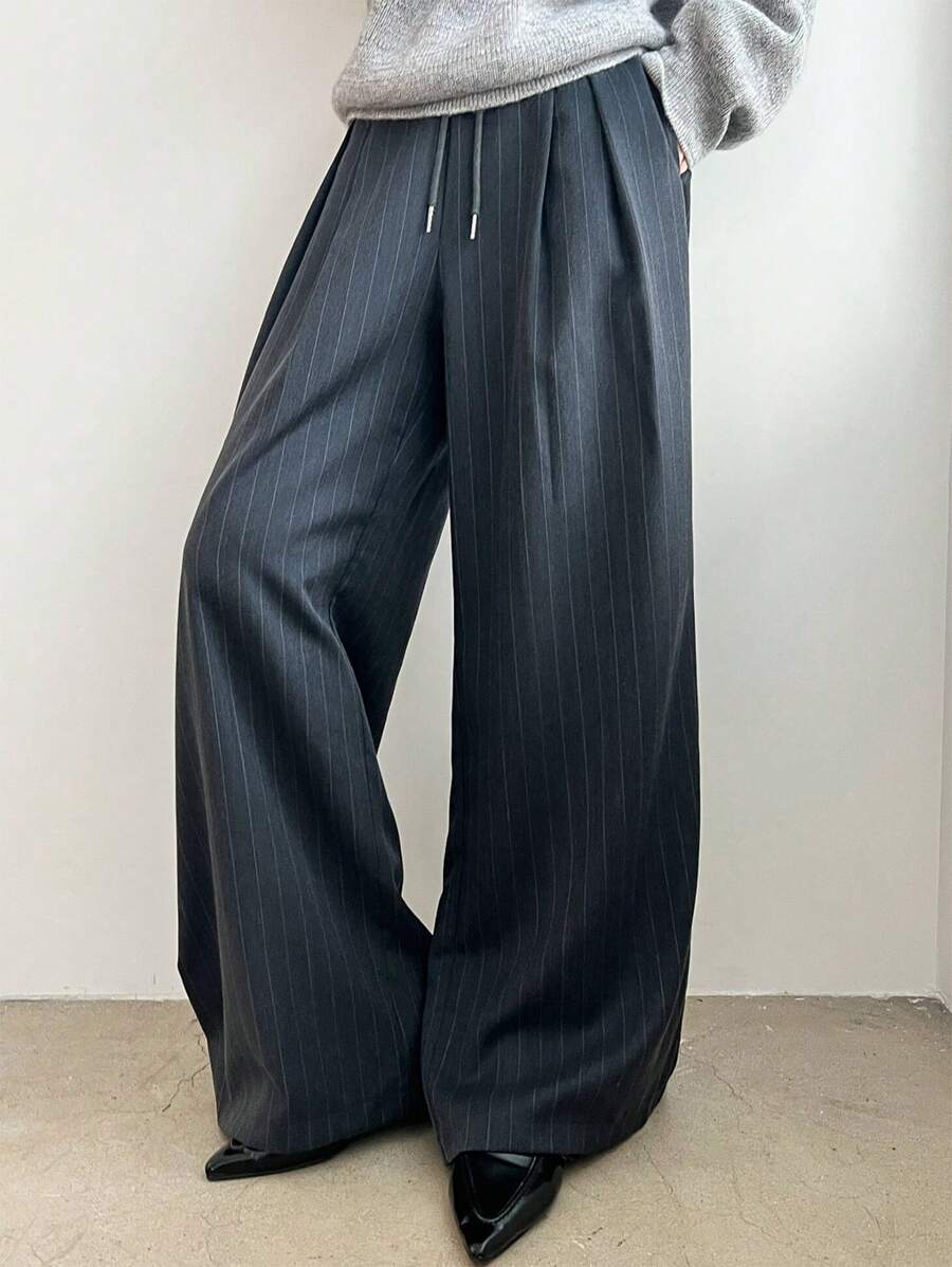 Women's Minimalist Wide Leg Casual Trousers - Solid Color Loose Fit Mid-Waist Pants