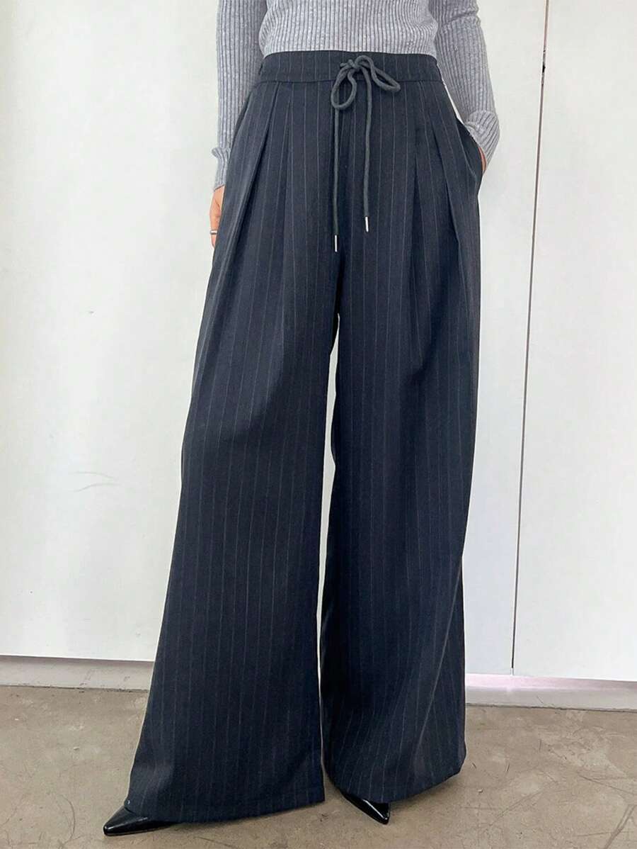 Women's Minimalist Wide Leg Casual Trousers - Solid Color Loose Fit Mid-Waist Pants