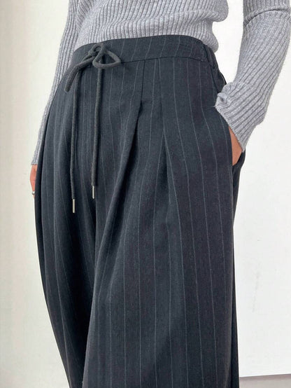Women's Minimalist Wide Leg Casual Trousers - Solid Color Loose Fit Mid-Waist Pants