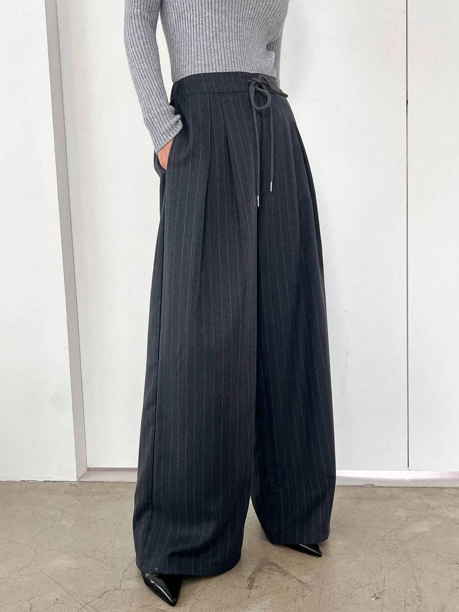 Women's Minimalist Wide Leg Casual Trousers - Solid Color Loose Fit Mid-Waist Pants