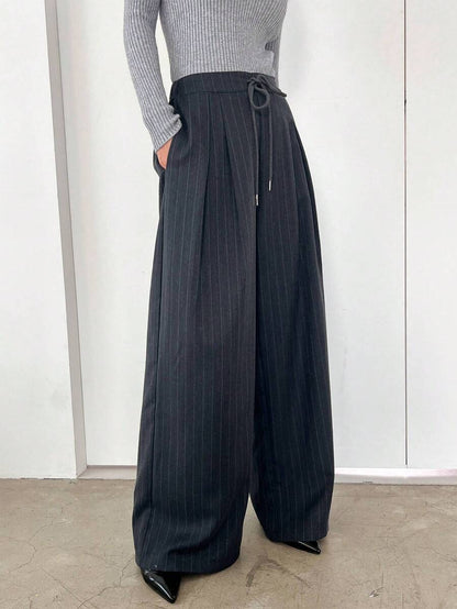Women's Minimalist Wide Leg Casual Trousers - Solid Color Loose Fit Mid-Waist Pants