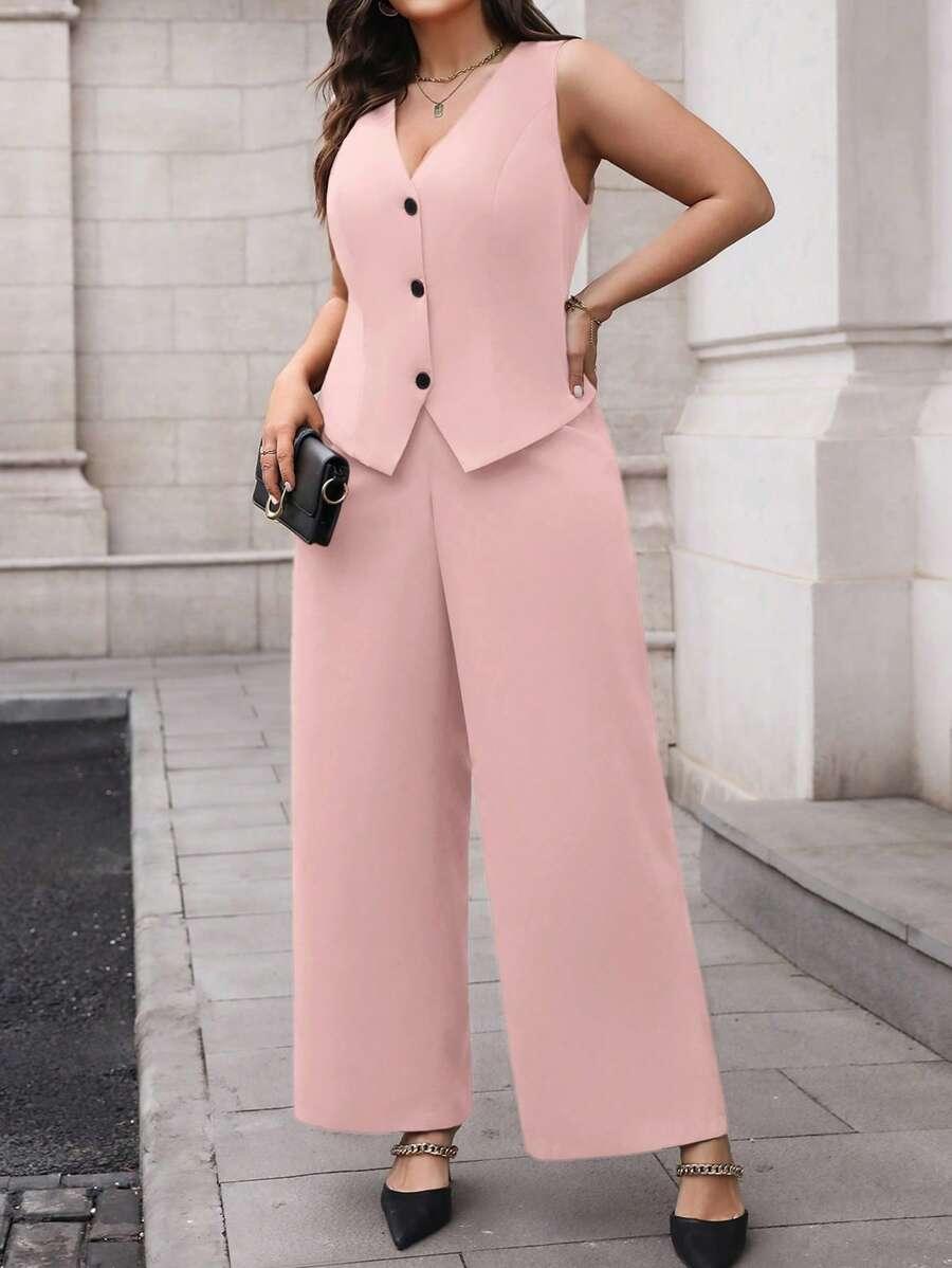 Elegant Plus Size Black Waistcoat and Trousers Suit Set