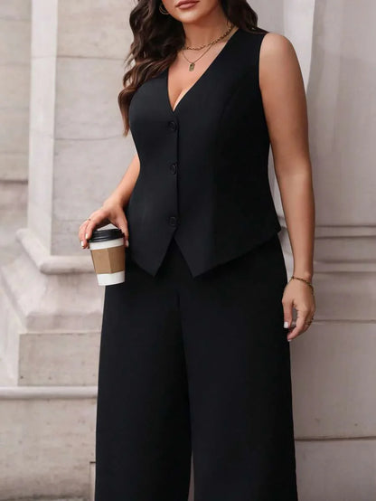 Elegant Plus Size Black Waistcoat and Trousers Suit Set