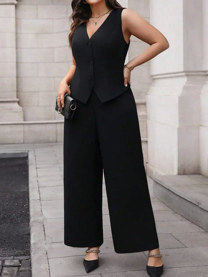 Elegant Plus Size Black Waistcoat and Trousers Suit Set