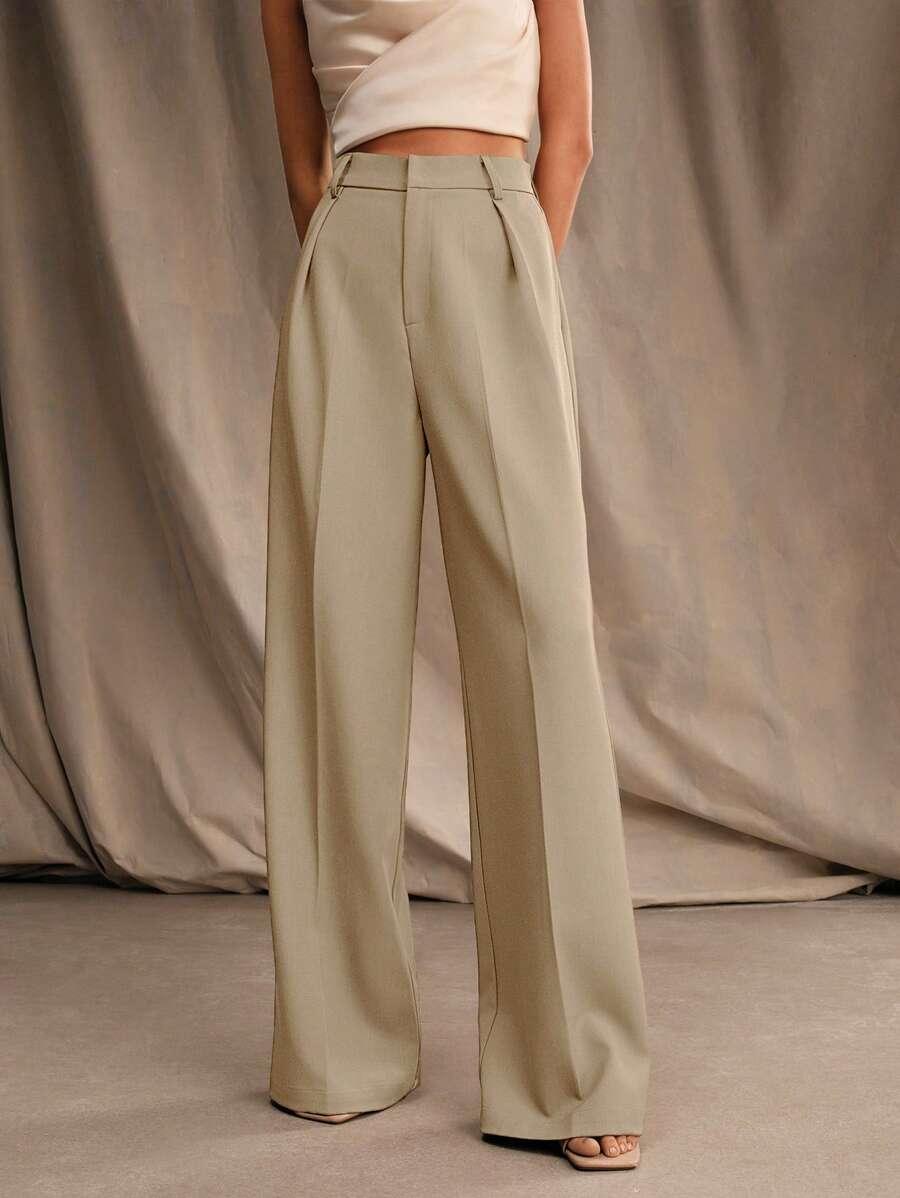 Women's High-Waisted Wide-Leg Pleated Trousers with Zipper Closure