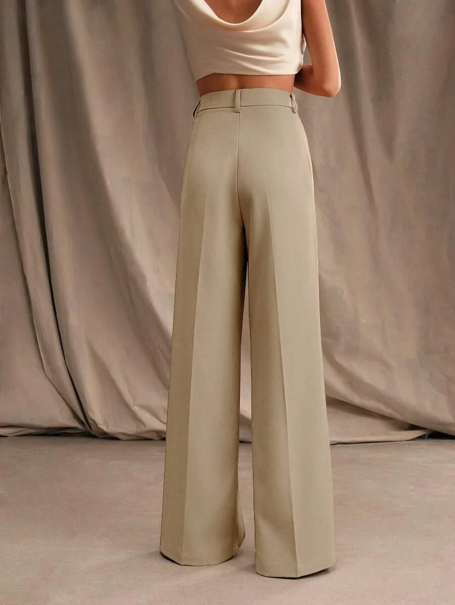 Women's High-Waisted Wide-Leg Pleated Trousers with Zipper Closure