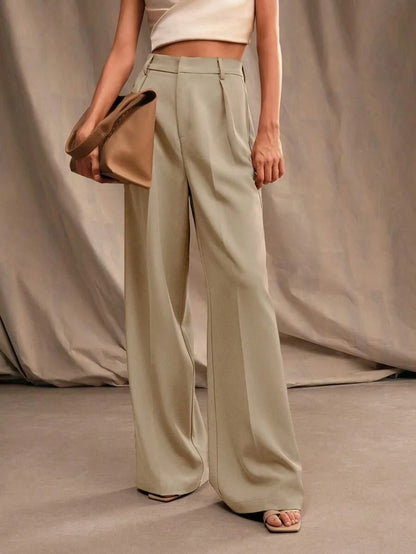 Women's High-Waisted Wide-Leg Pleated Trousers with Zipper Closure