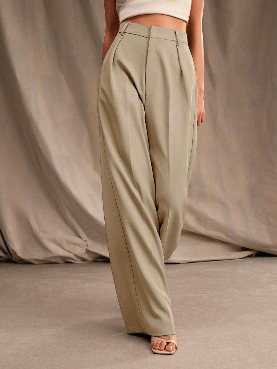 Women's High-Waisted Wide-Leg Pleated Trousers with Zipper Closure