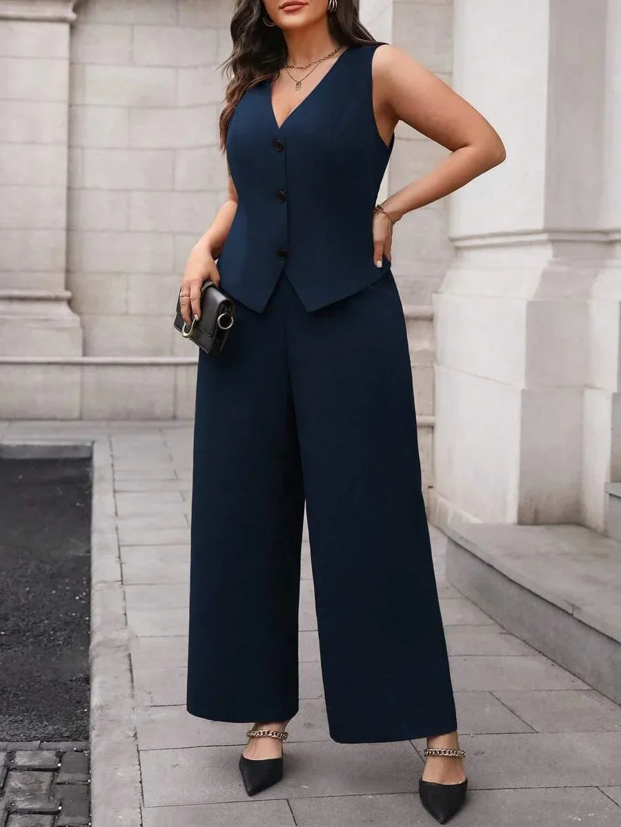 Elegant Plus Size Black Waistcoat and Trousers Suit Set