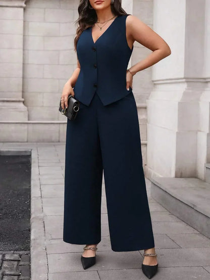 Elegant Plus Size Black Waistcoat and Trousers Suit Set