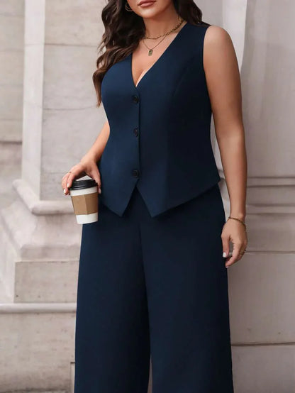 Elegant Plus Size Black Waistcoat and Trousers Suit Set