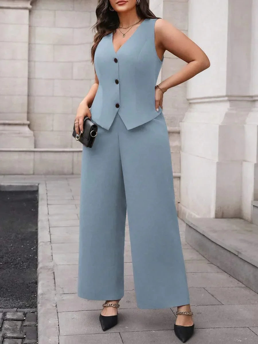 Elegant Plus Size Black Waistcoat and Trousers Suit Set