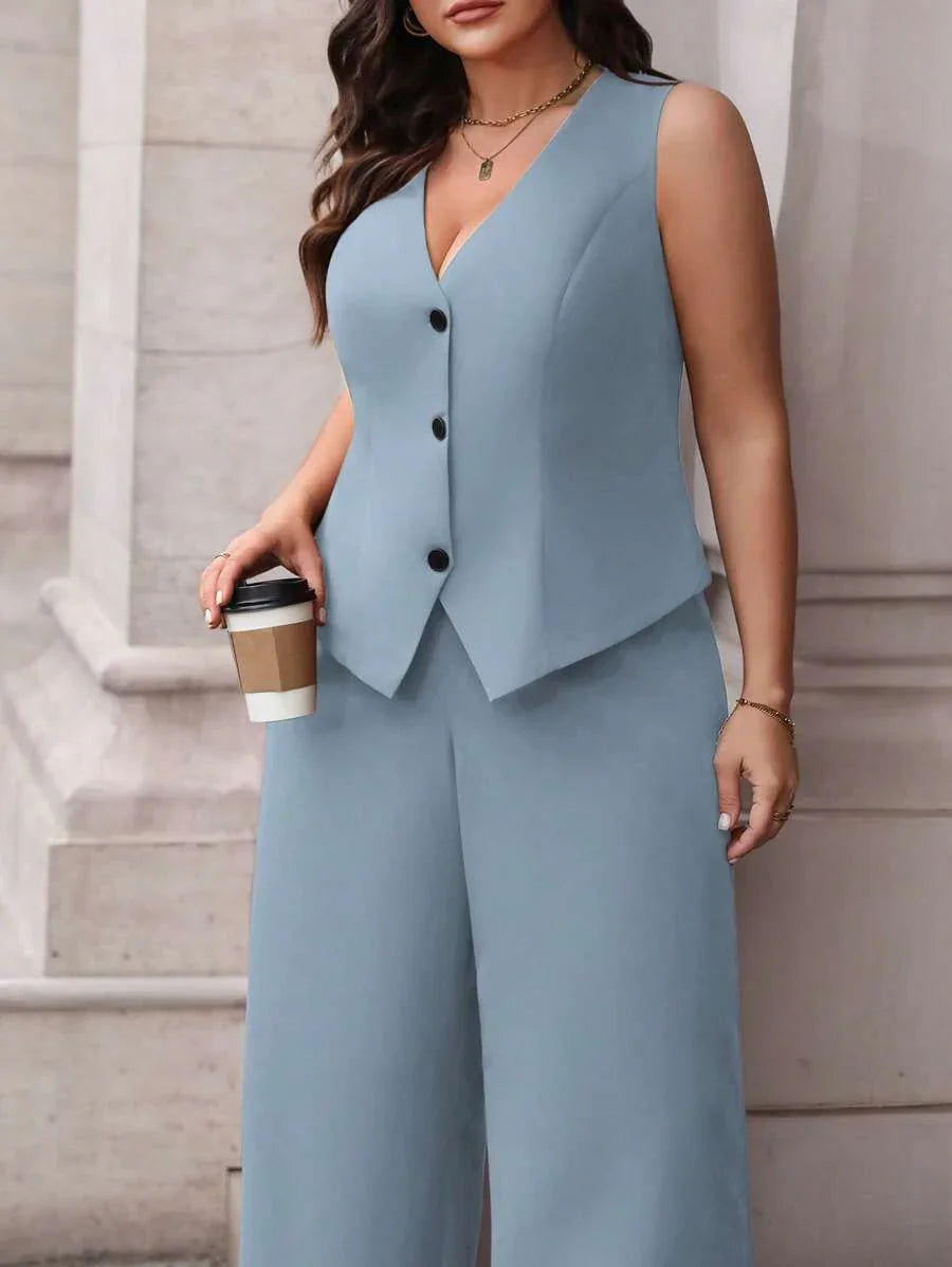 Elegant Plus Size Black Waistcoat and Trousers Suit Set