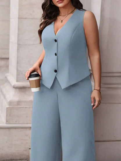 Elegant Plus Size Black Waistcoat and Trousers Suit Set