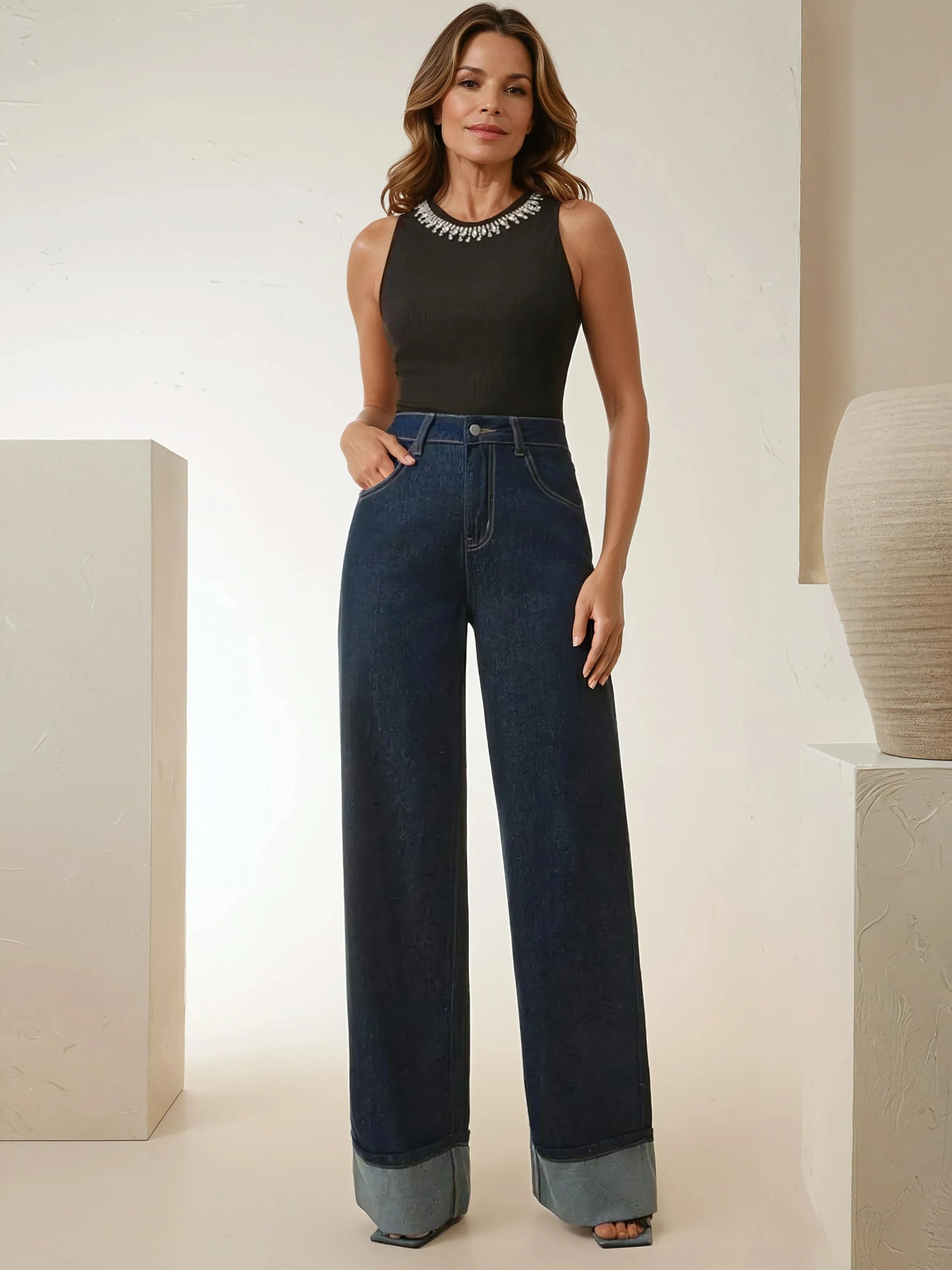 Women's Slim Fit Straight Leg Denim Jeans - Winter Date Night Essential