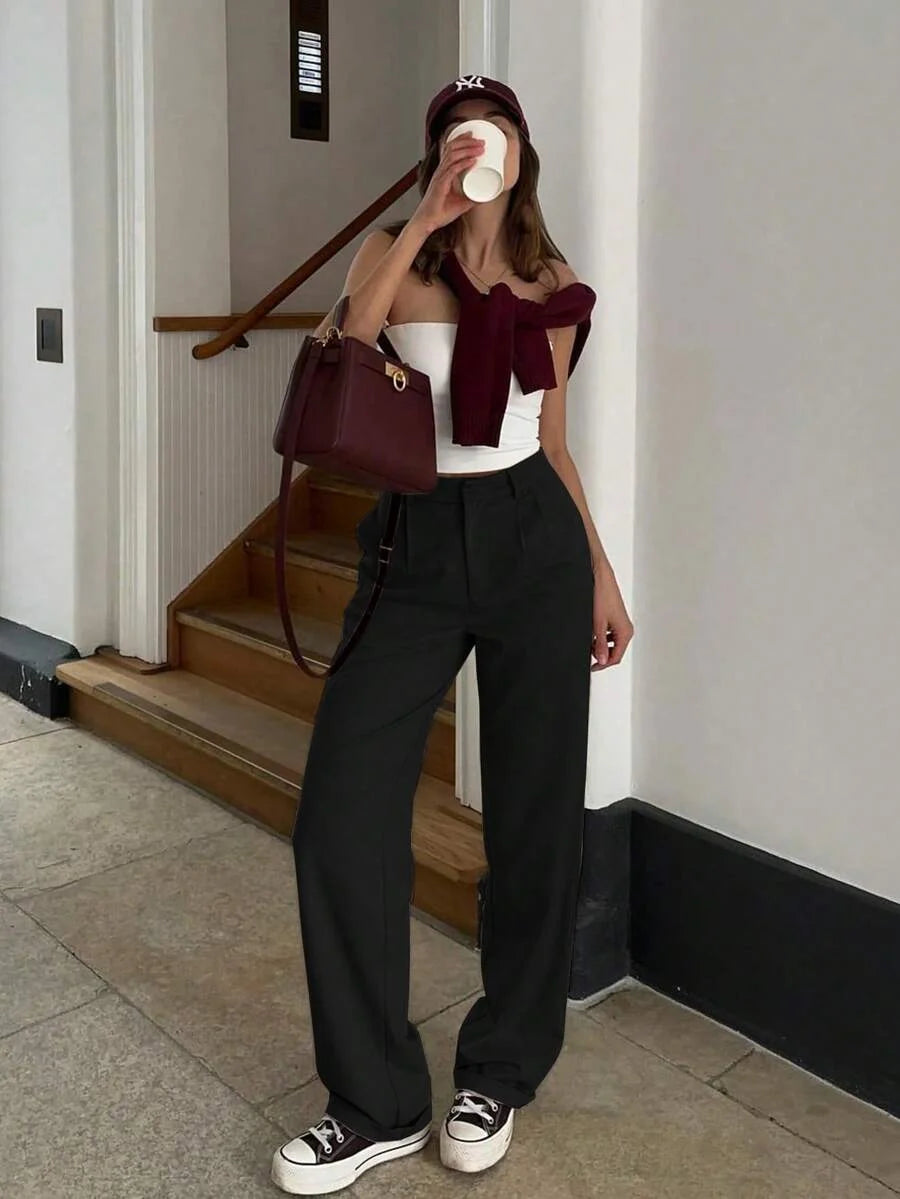 Vintage Glam High-Waisted Wide-Leg Loose Fit Trousers