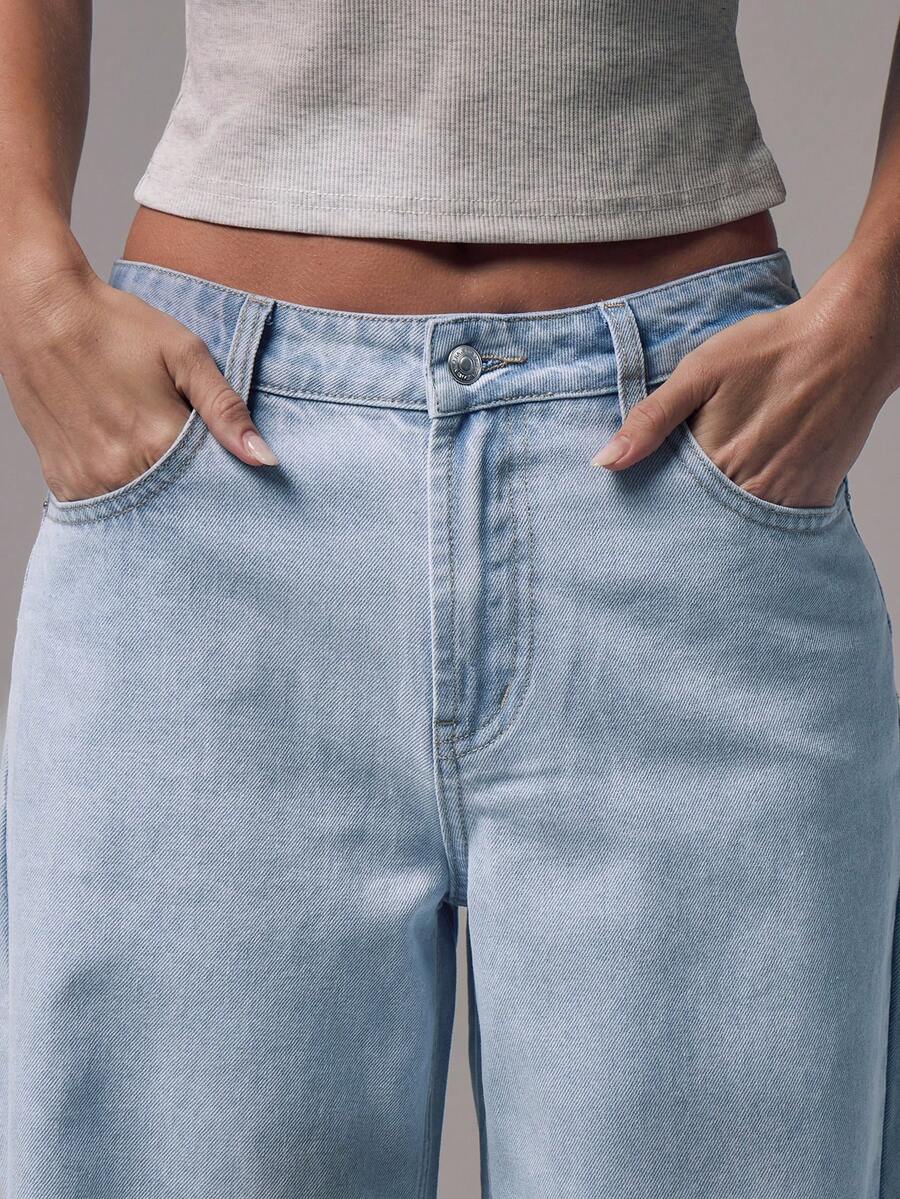 Women's Mid-Rise Wide-Leg Denim Jeans with Silver Button Accents