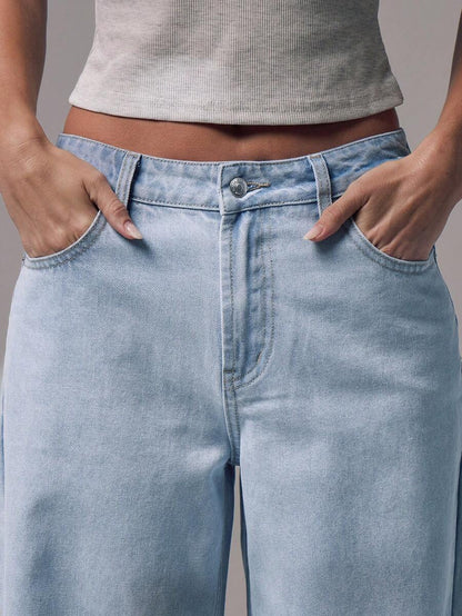 Women's Mid-Rise Wide-Leg Denim Jeans with Silver Button Accents