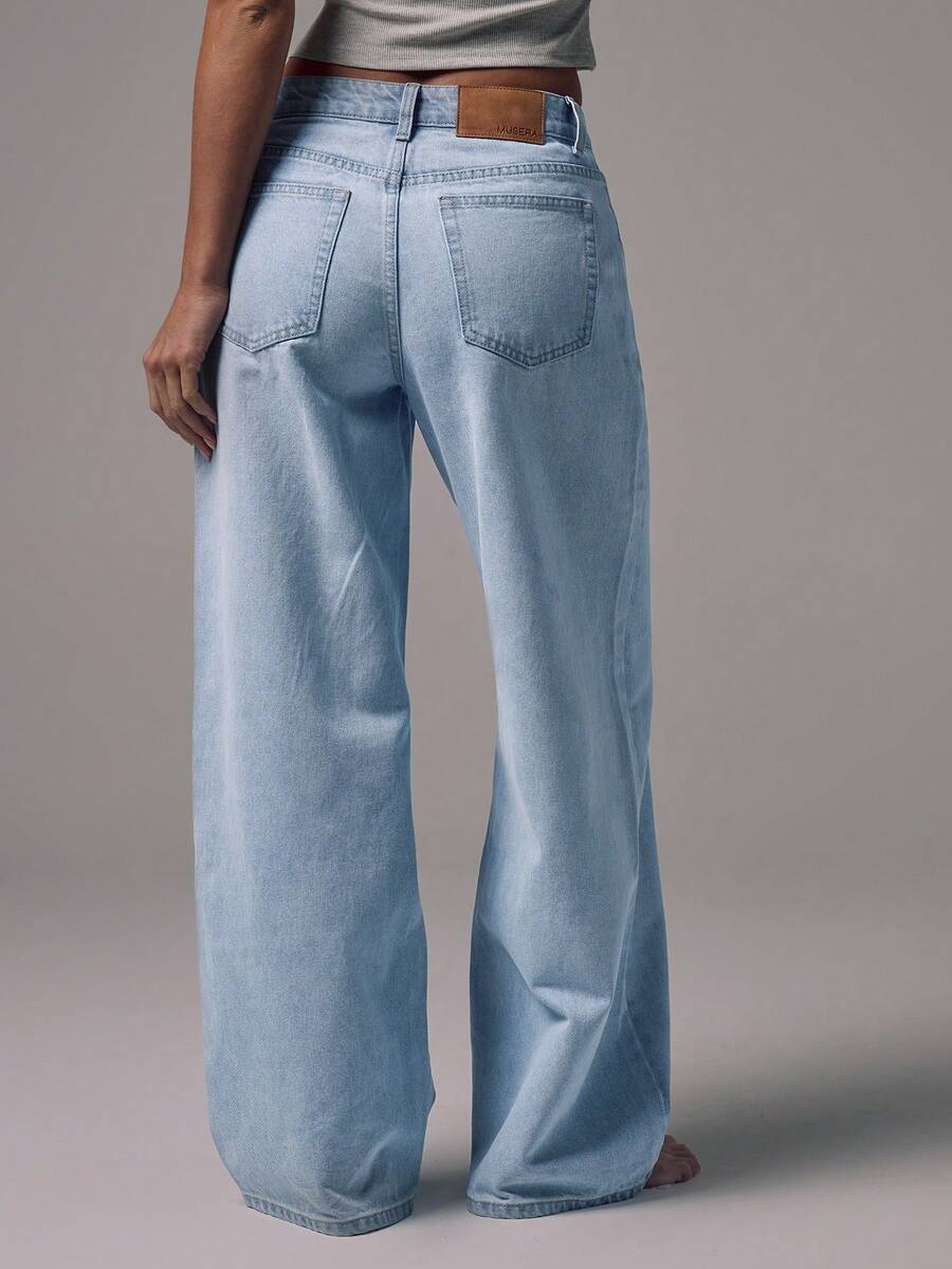 Women's Mid-Rise Wide-Leg Denim Jeans with Silver Button Accents