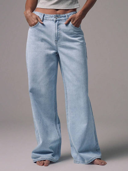 Women's Mid-Rise Wide-Leg Denim Jeans with Silver Button Accents
