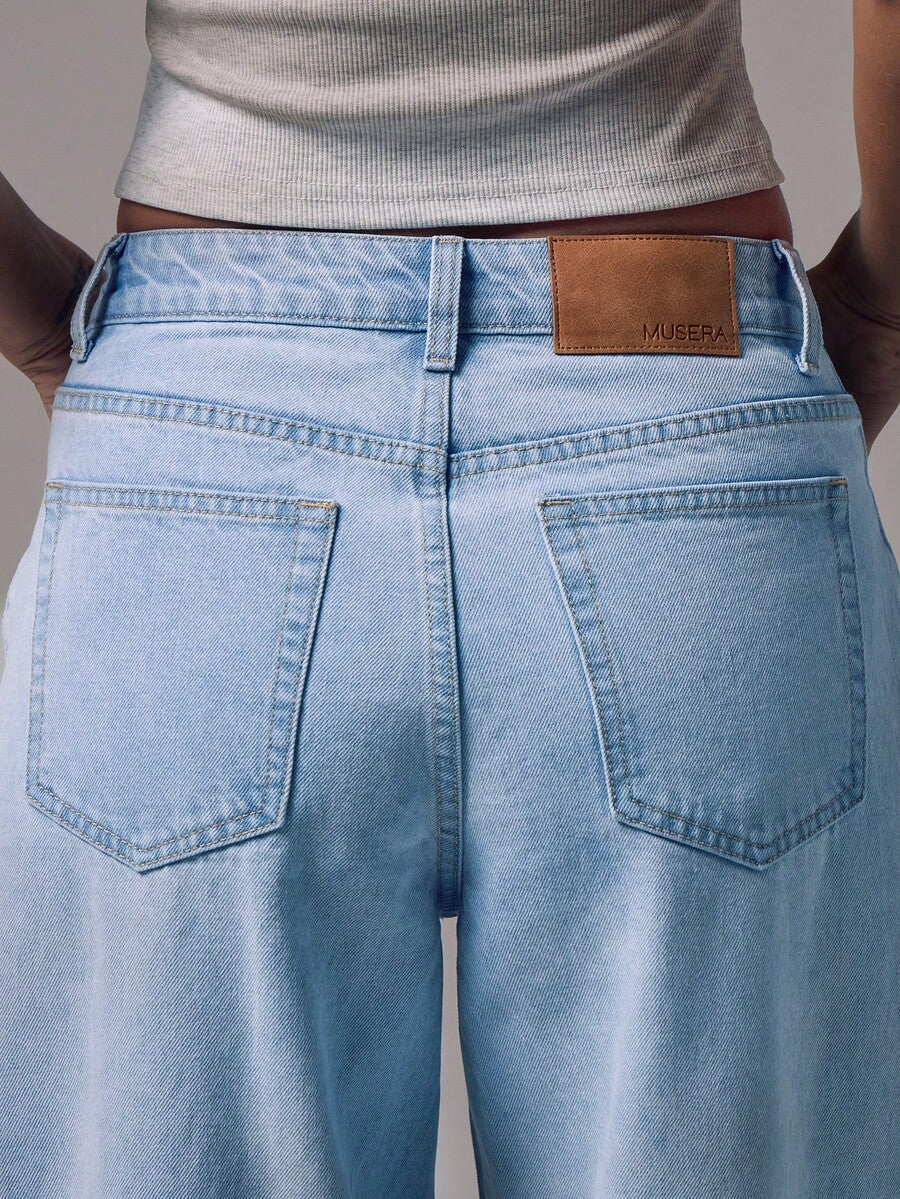 Women's Mid-Rise Wide-Leg Denim Jeans with Silver Button Accents