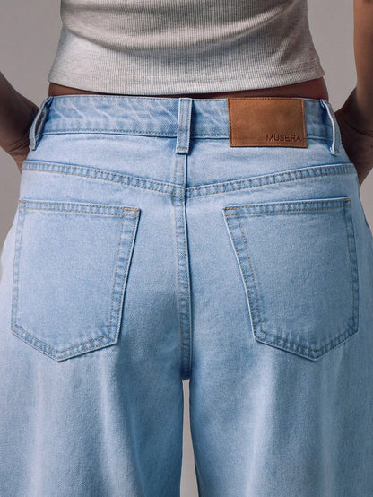 Women's Mid-Rise Wide-Leg Denim Jeans with Silver Button Accents