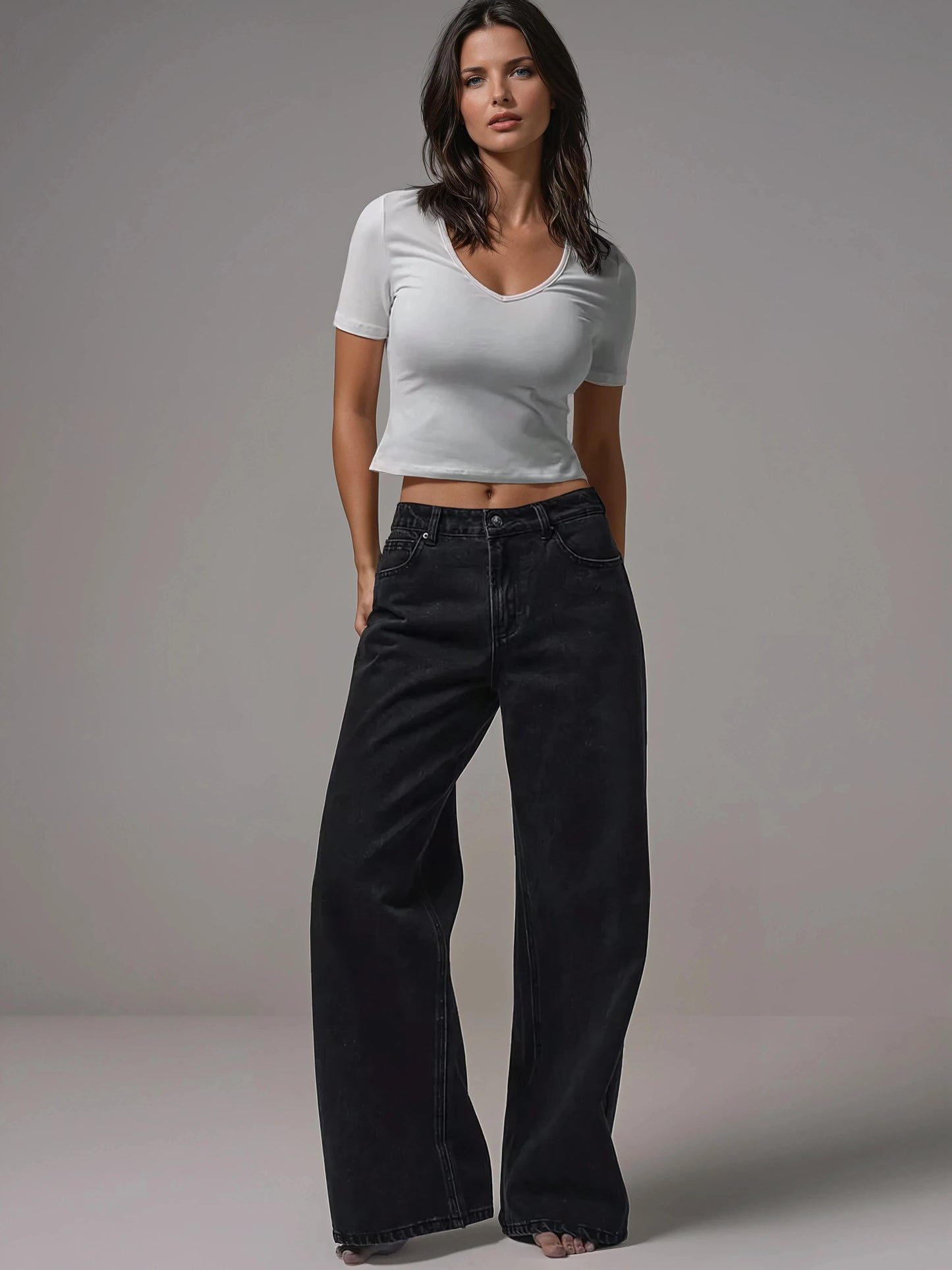 Women's Mid-Rise Wide-Leg Denim Jeans with Silver Button Accents