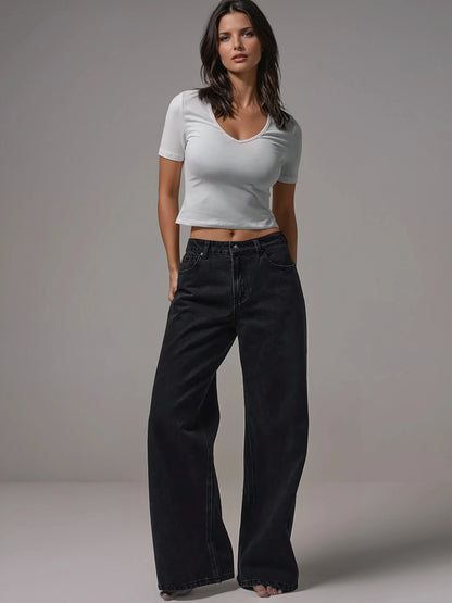 Women's Mid-Rise Wide-Leg Denim Jeans with Silver Button Accents