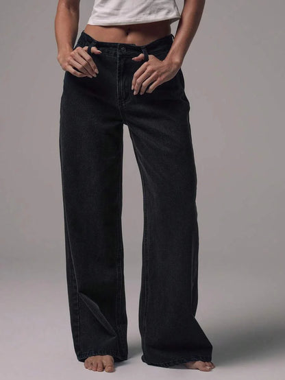 Women's Mid-Rise Wide-Leg Denim Jeans with Silver Button Accents