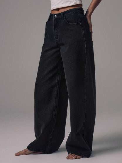 Women's Mid-Rise Wide-Leg Denim Jeans with Silver Button Accents